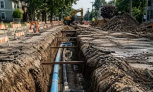 Construction site in a suburban street showing an open utility trench with exposed pipes, workers, and machinery, illustrating engineering services during early road work planning.