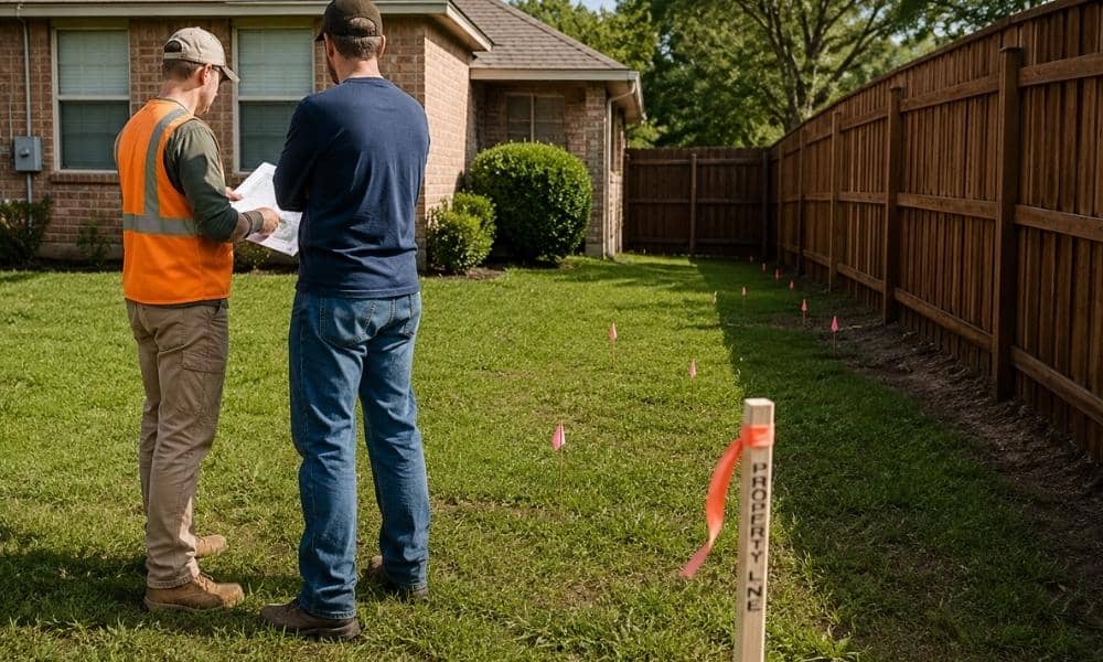 Homeowner and land surveyor reviewing property boundary markers and planned fence placement in a residential backyard before installation