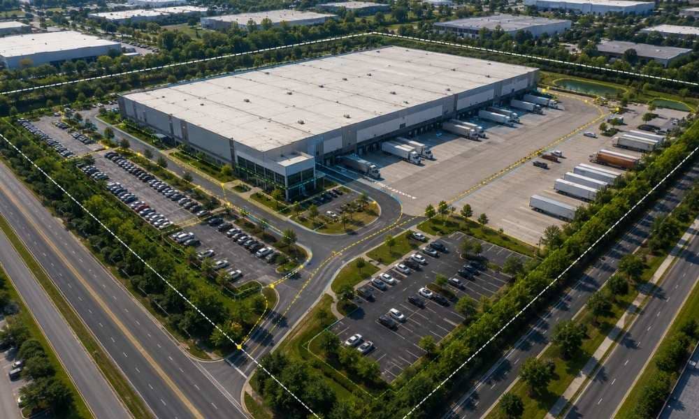 Aerial view of a commercial warehouse property with survey boundary and site layout overlay reviewed during commercial property due diligence before closing