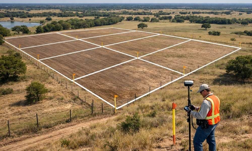 Licensed land surveyor marking property boundaries before dividing inherited land into separate parcels for multiple heirs