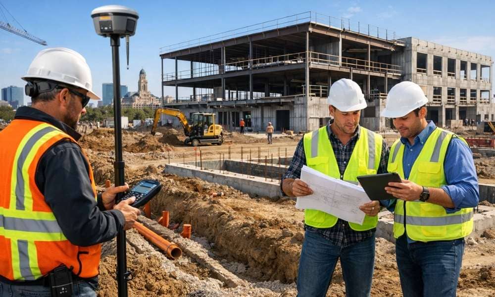 A surveyor collects measurements at a commercial construction site while project managers review plans during an as-built survey