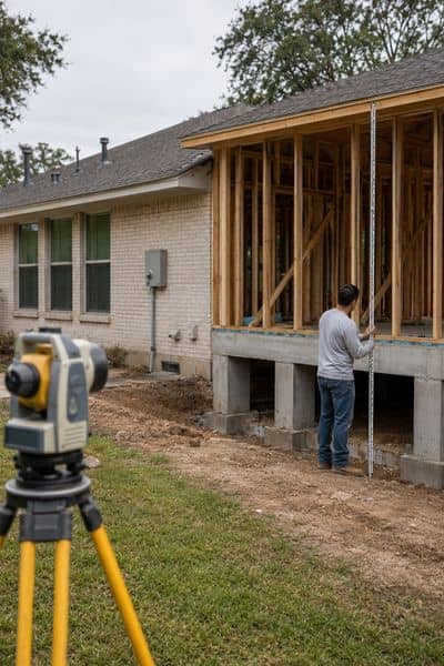 Elevation certificate for houston home addition - ALTA SURVEY Texas Surveyor collecting measurements for an elevation certificate at a Houston home addition under construction