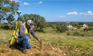 Licensed land surveyor checking a property corner marker on a vacant lot before fencing or construction