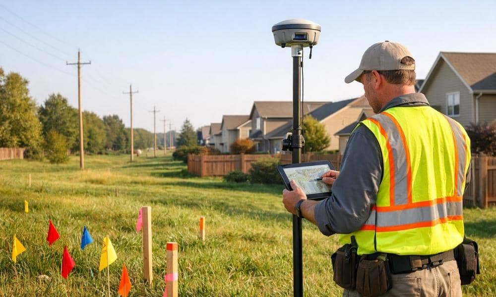 Professional land surveyor using GNSS GPS equipment to inspect a residential property near a utility easement and survey markers