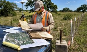 Licensed land surveyor reviewing conflicting deed descriptions and survey maps while verifying a property boundary monument