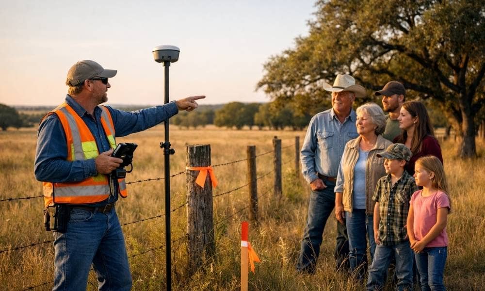 A land surveyor discusses property boundaries with a multigenerational family during a property survey update on their rural land