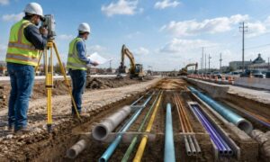 Surveyor mapping existing underground utilities near a roadway construction site to help builders plan around utility conflicts