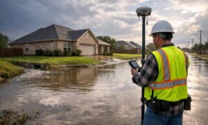Licensed surveyor checking a home's elevation after heavy rain to prepare an elevation certificate for flood risk assessment