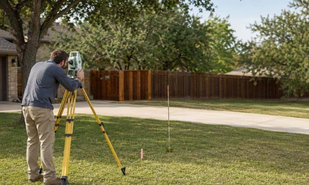 Surveyor measuring a Dallas, TX residential property for a boundary survey price quote
