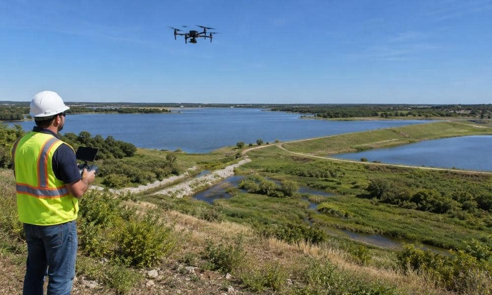 Surveyor using LiDAR mapping near a reservoir in Bryan, Texas