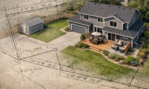 Older property survey overlaid on a current residential property, showing why survey companies near me may recommend an update