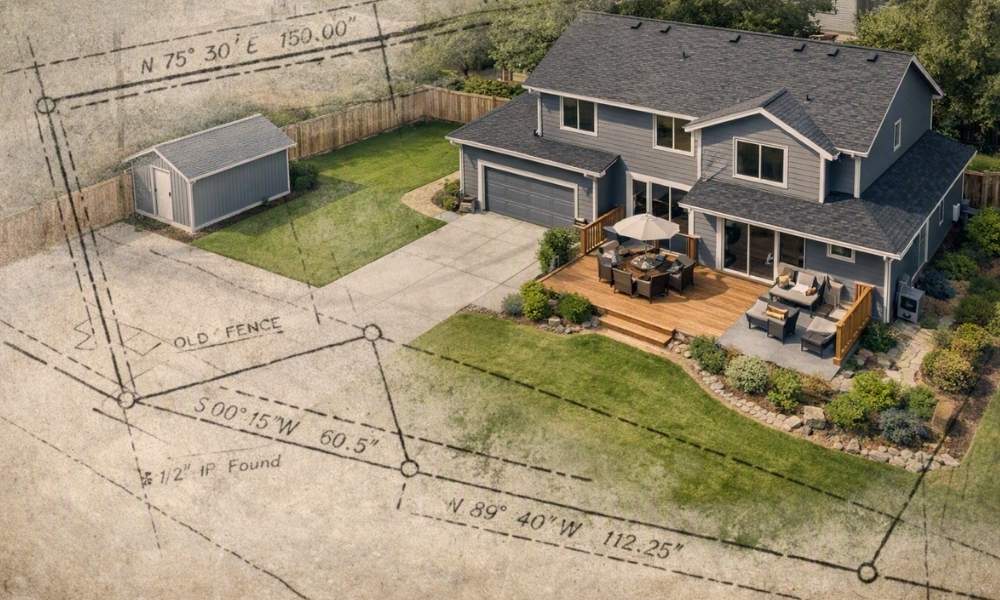 Older property survey overlaid on a current residential property, showing why survey companies near me may recommend an update