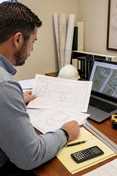 Texas property survey records review - ALTA SURVEY Texas Land surveyor reviewing property survey records and a subdivision plat map before buying a Texas corner lot