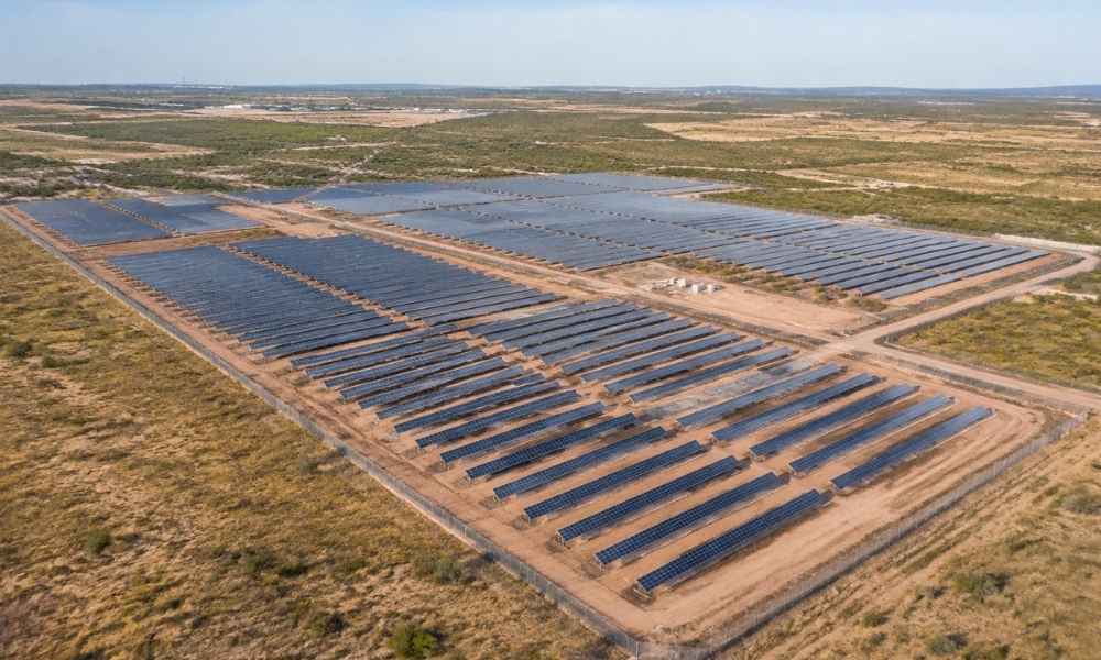 Aerial view of a solar farm in west texas showing the site layout and surrounding land for renewable energy planning