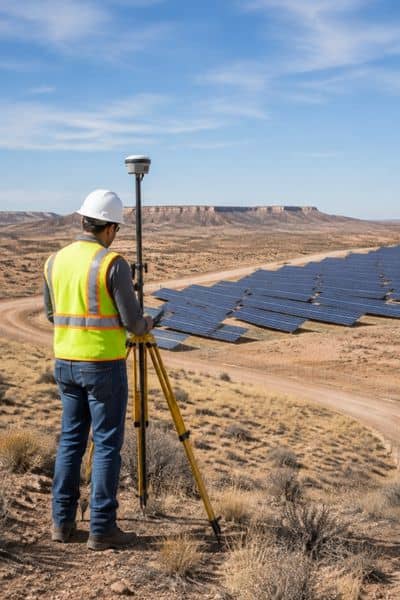 Land surveyor performing survey mapping at a west texas solar project site