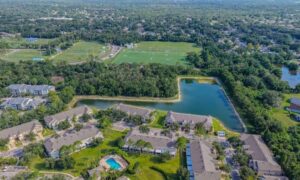 Aerial view of a residential development beside an engineered pond and sports fields, relevant to a due diligence survey before buying nearby land