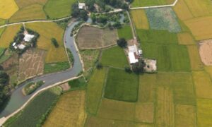 Irrigation canals and surrounding farmland viewed from above, illustrating how aerial survey drones capture large-scale water infrastructure