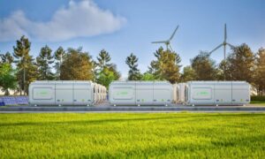 Battery storage equipment on prepared pads at a site planned for construction staking